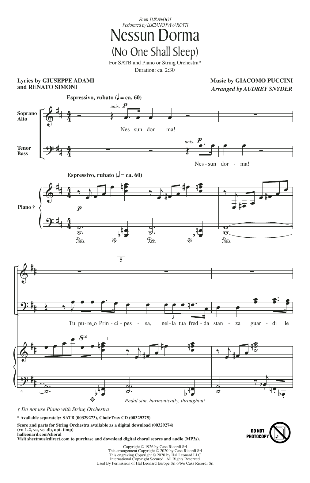 Luciano Pavarotti Nessun Dorma (No One Shall Sleep) (from Turandot) (arr. Audrey Snyder) sheet music notes and chords arranged for SATB Choir