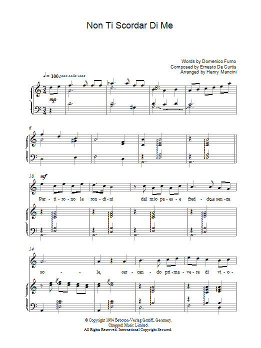 Luciano Pavarotti Non Ti Scordar Di Me sheet music notes and chords arranged for Piano, Vocal & Guitar Chords