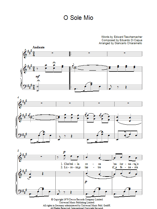 Luciano Pavarotti O Sole Mio sheet music notes and chords arranged for Piano & Vocal