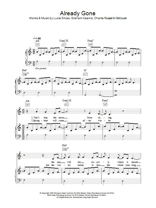 Lucie Silvas Already Gone sheet music notes and chords arranged for Piano, Vocal & Guitar Chords