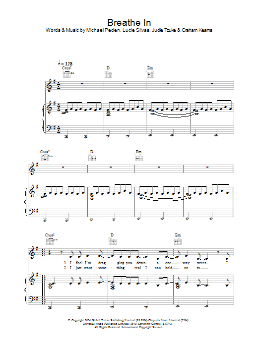 Lucie Silvas Breathe In sheet music notes and chords arranged for Piano, Vocal & Guitar Chords