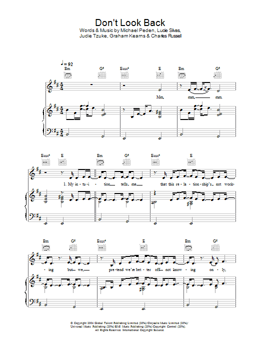 Lucie Silvas Don't Look Back sheet music notes and chords arranged for Piano, Vocal & Guitar Chords