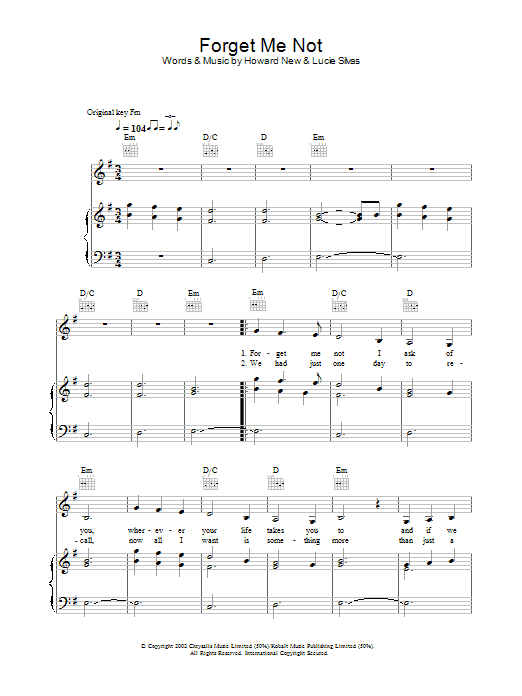 Lucie Silvas Forget Me Not sheet music notes and chords arranged for Piano, Vocal & Guitar Chords