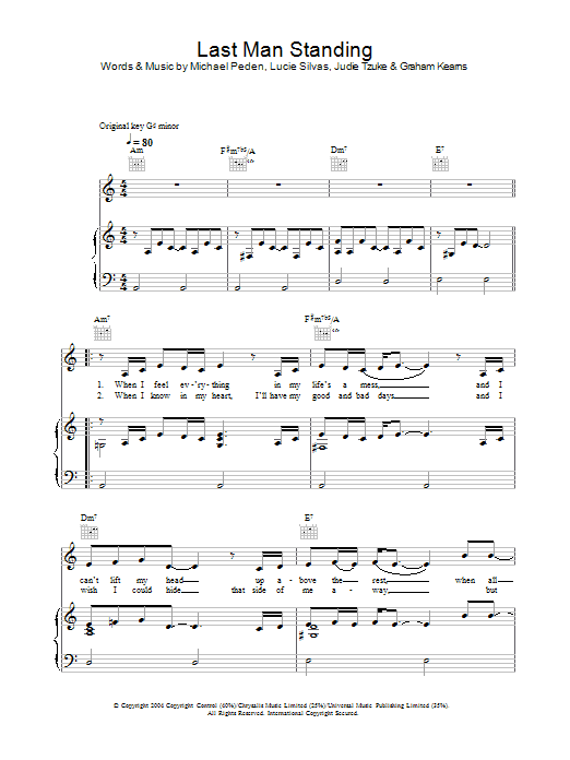 Lucie Silvas Last Man Standing sheet music notes and chords arranged for Piano, Vocal & Guitar Chords