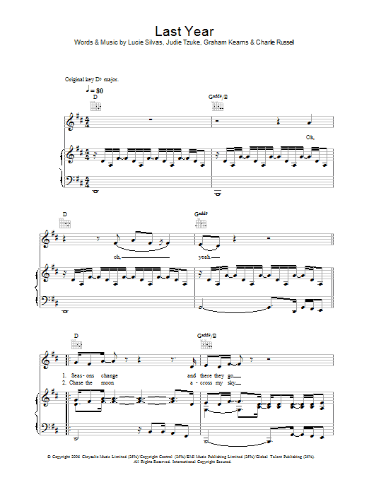 Lucie Silvas Last Year sheet music notes and chords arranged for Piano, Vocal & Guitar Chords