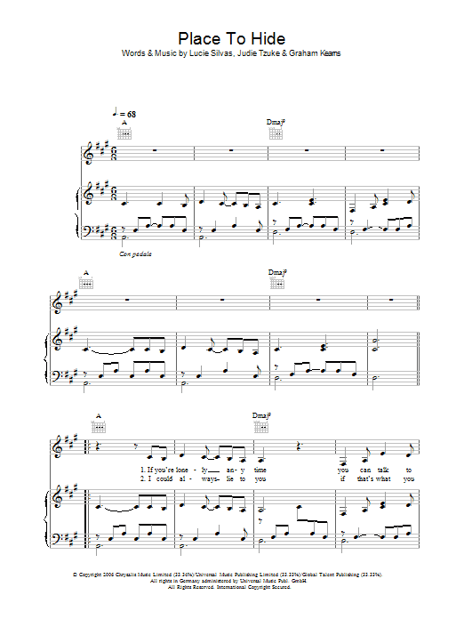 Lucie Silvas Place To Hide sheet music notes and chords arranged for Piano, Vocal & Guitar Chords