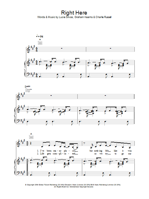 Lucie Silvas Right Here sheet music notes and chords arranged for Piano, Vocal & Guitar Chords