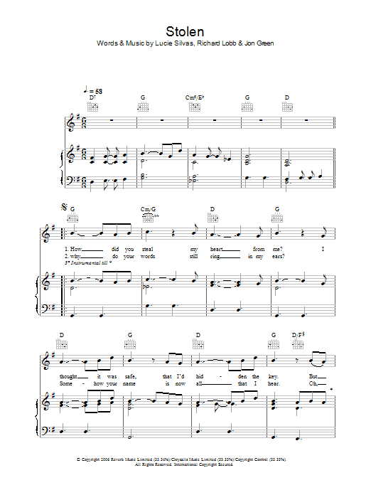 Lucie Silvas Stolen sheet music notes and chords arranged for Piano, Vocal & Guitar Chords