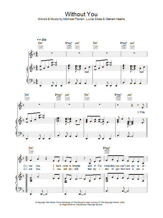 Lucie Silvas Without You sheet music notes and chords arranged for Piano, Vocal & Guitar Chords