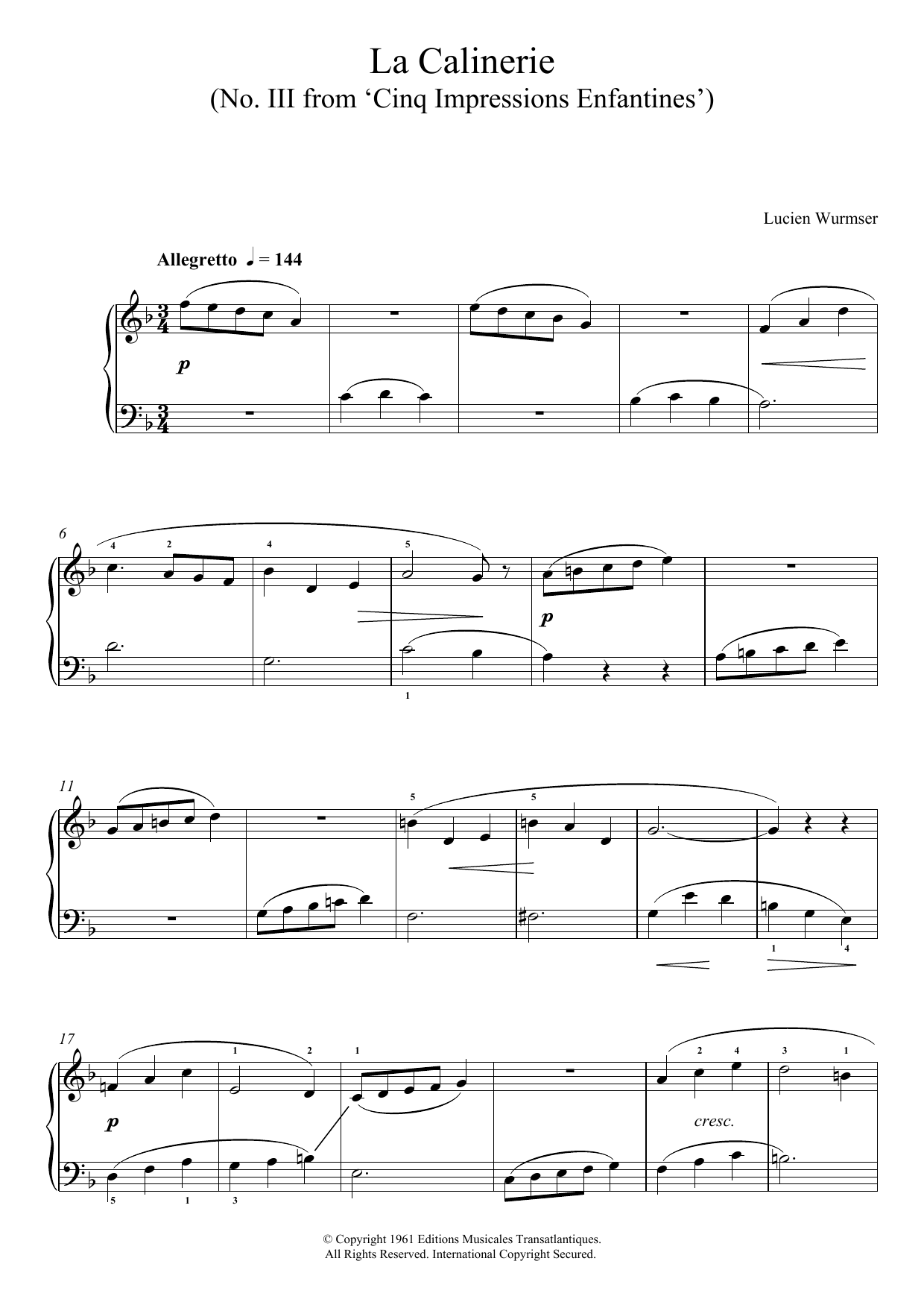 Lucien Wurmser La Calinerie (No. III From 'Cinq Impressions Enfantines') sheet music notes and chords arranged for Piano Solo