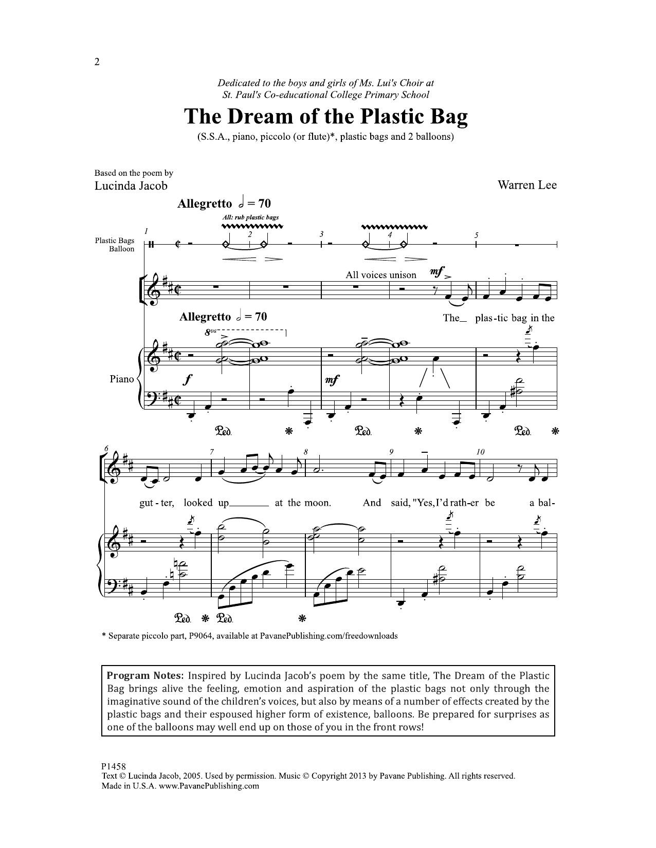 Lucinda Jacob The Dream of the Plastic Bag sheet music notes and chords arranged for SSA Choir