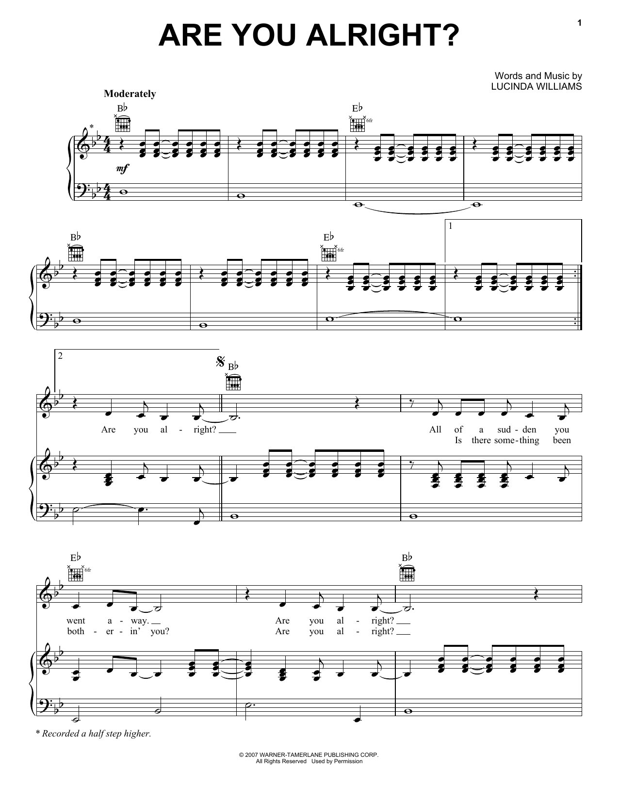 Lucinda Williams Are You Alright? sheet music notes and chords arranged for Piano, Vocal & Guitar Chords (Right-Hand Melody)