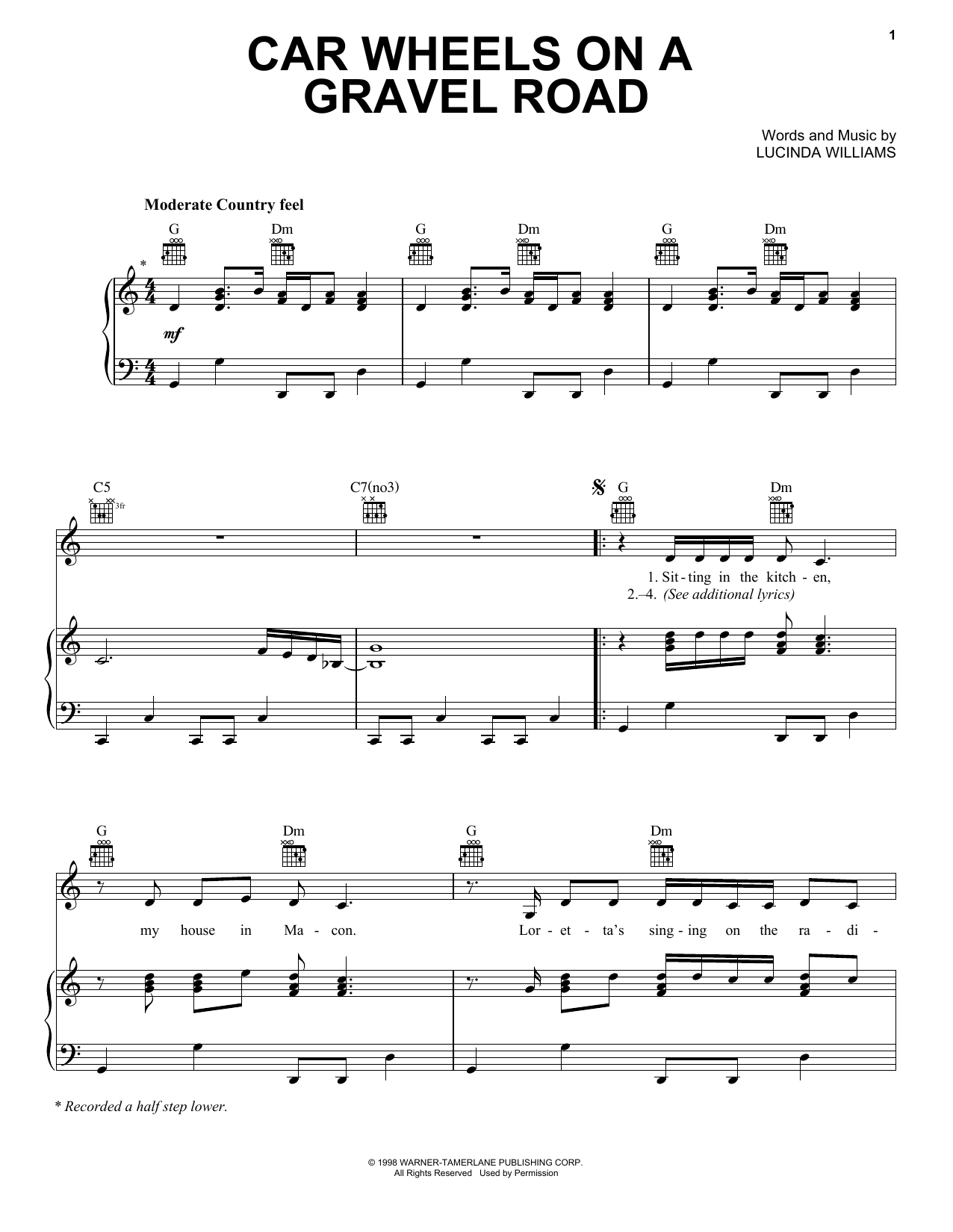 Lucinda Williams Car Wheels On A Gravel Road sheet music notes and chords arranged for Piano, Vocal & Guitar Chords (Right-Hand Melody)