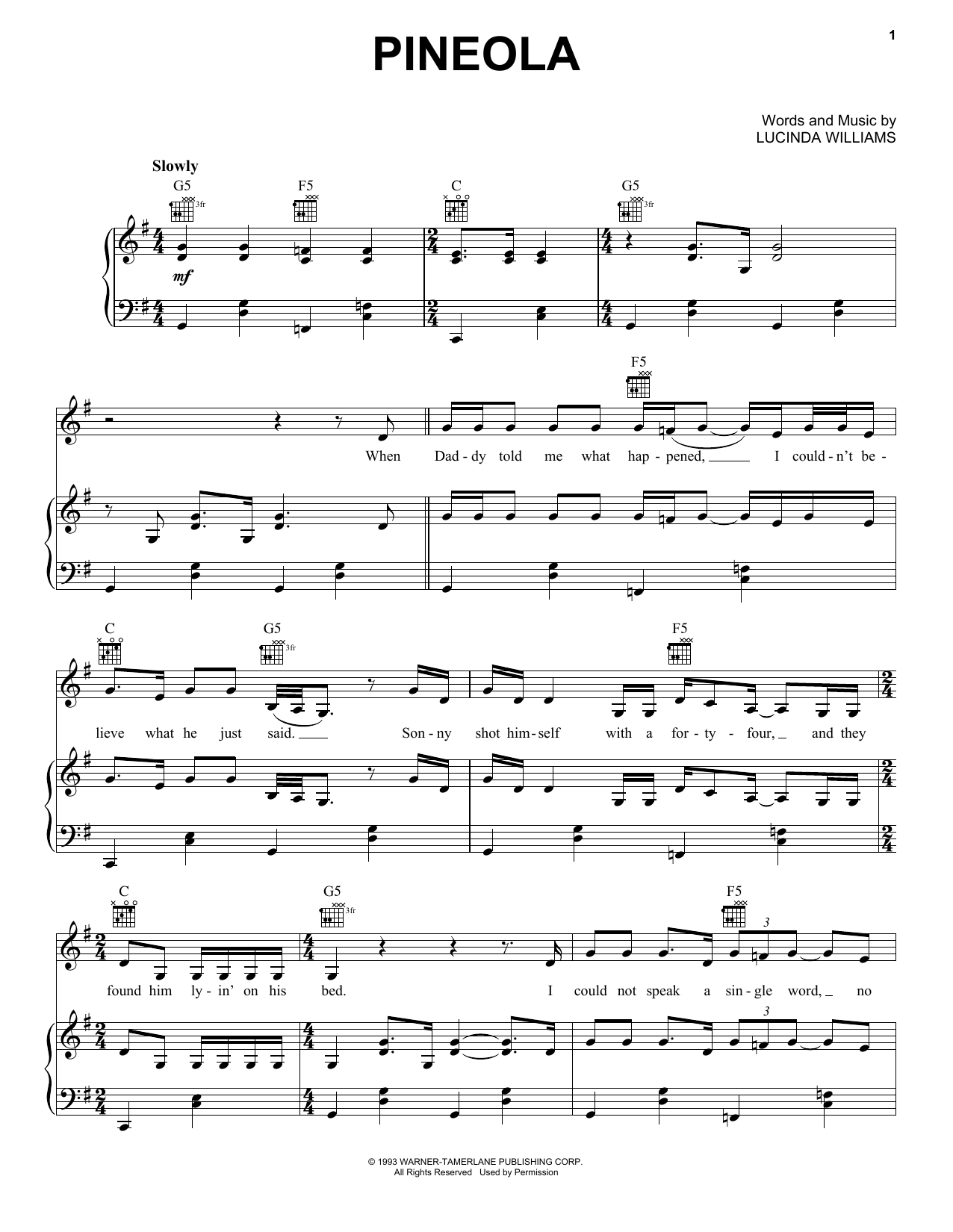 Lucinda Williams Pineola sheet music notes and chords arranged for Piano, Vocal & Guitar Chords (Right-Hand Melody)