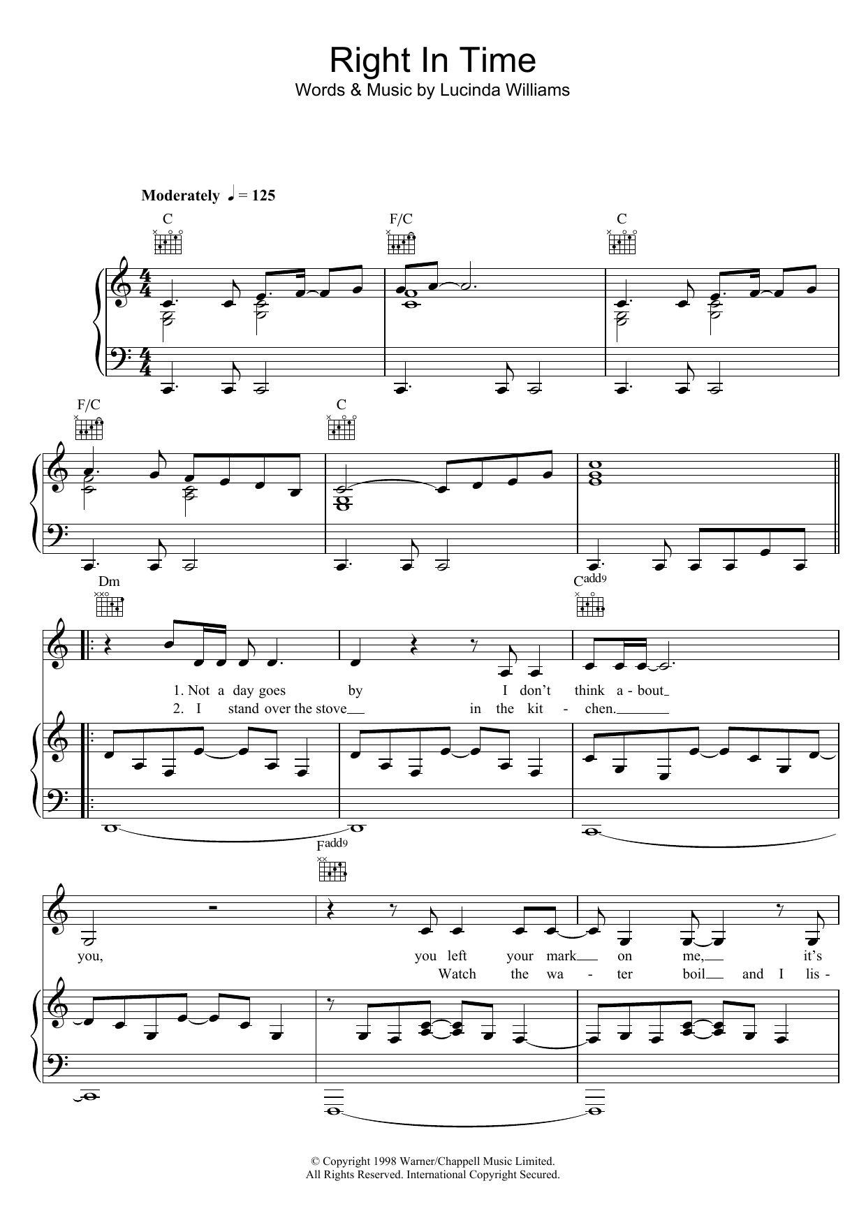 Lucinda Williams Right In Time sheet music notes and chords arranged for Piano, Vocal & Guitar Chords