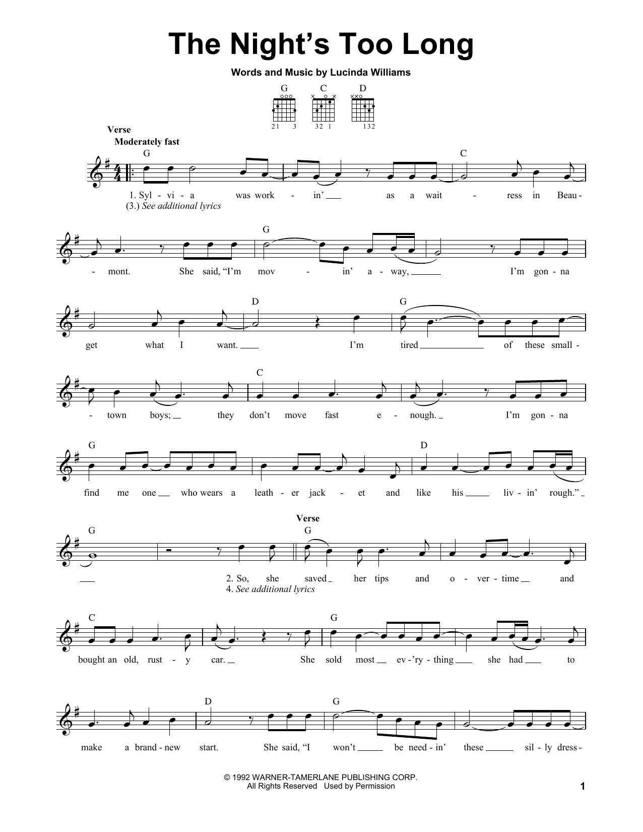 Lucinda Williams The Night's Too Long sheet music notes and chords arranged for Easy Guitar