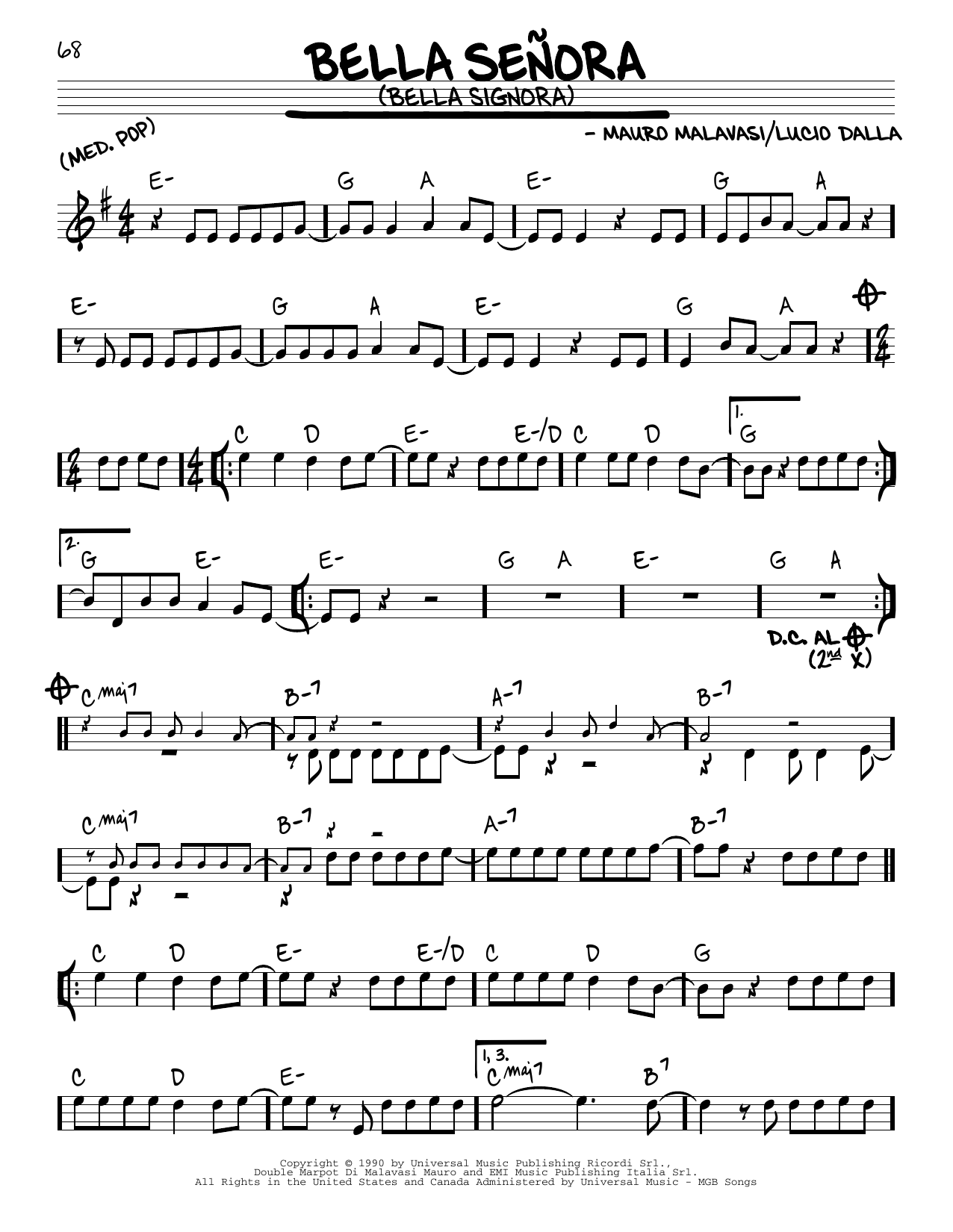 Lucio Dalla Bella Señora (Bella Signora) sheet music notes and chords arranged for Real Book – Melody & Chords