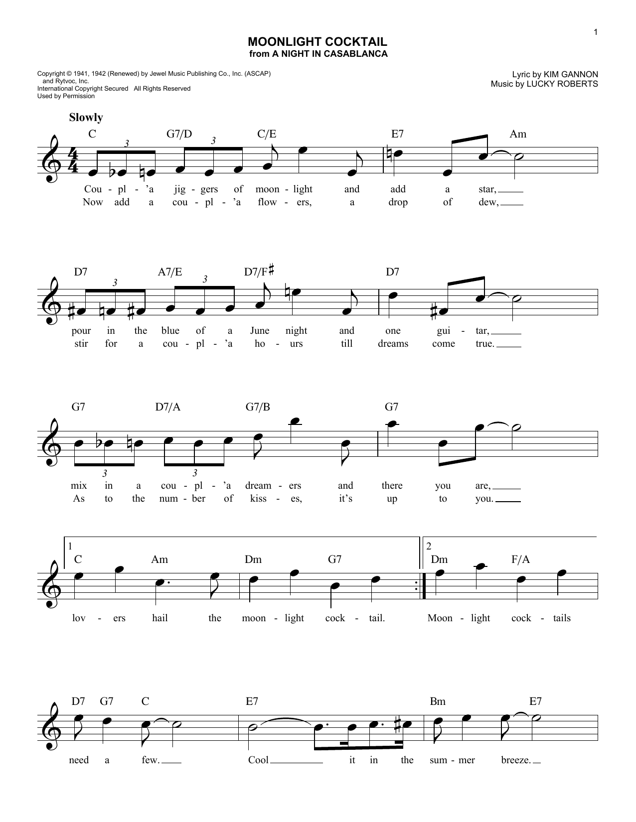 Lucky Roberts Moonlight Cocktail sheet music notes and chords arranged for Lead Sheet / Fake Book