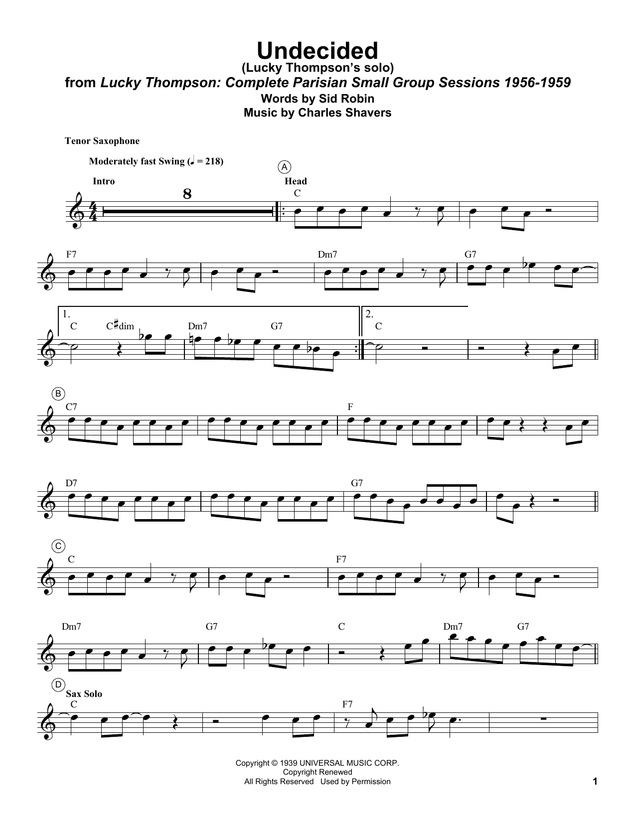 Lucky Thompson Undecided sheet music notes and chords arranged for Tenor Sax Transcription