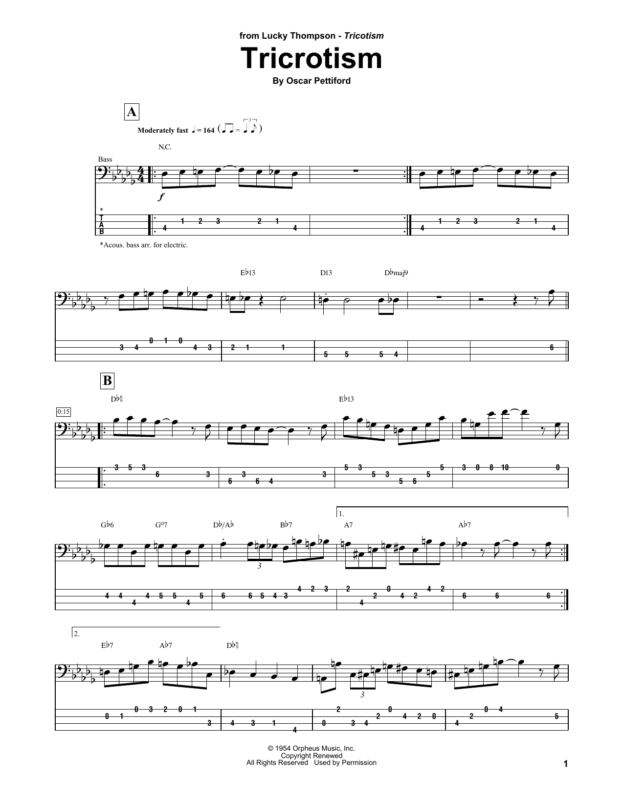 Lucky Thomspon Tricrotism sheet music notes and chords arranged for Bass Guitar Tab