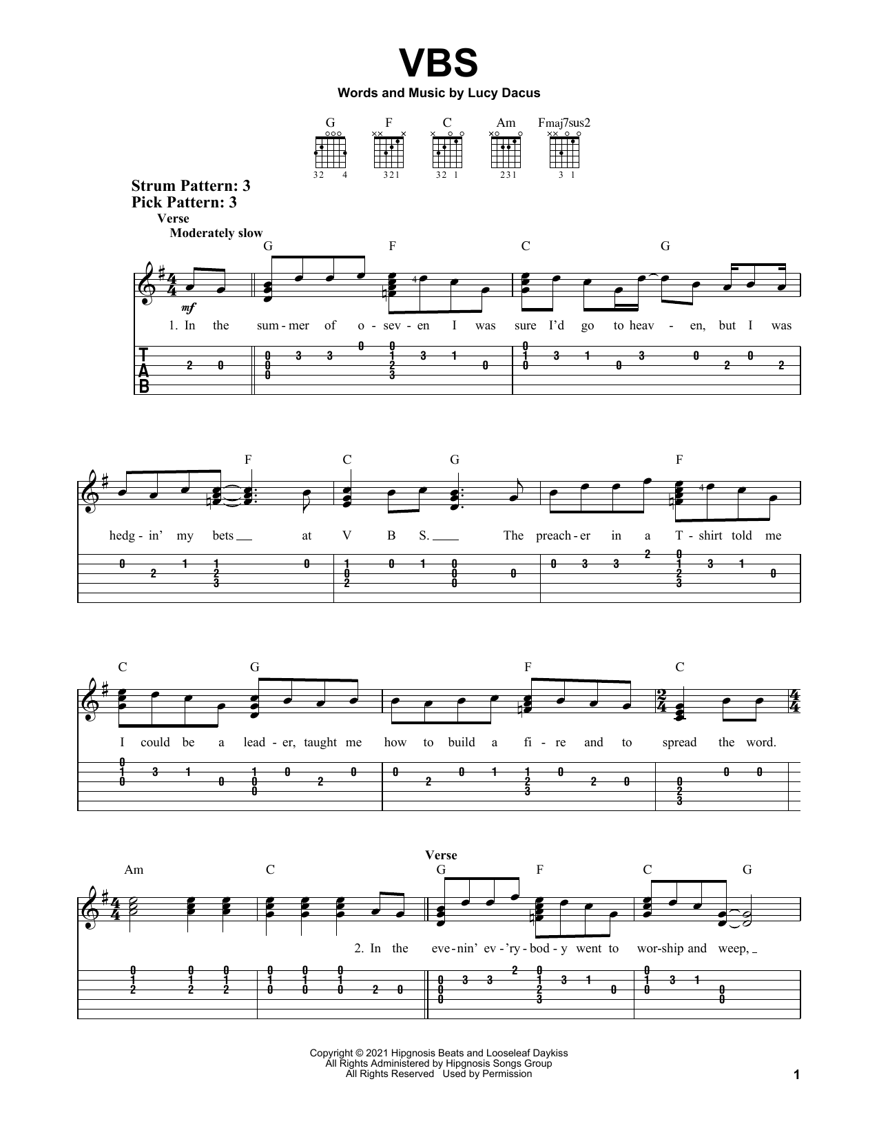 Lucy Dacus VBS sheet music notes and chords arranged for Easy Guitar Tab