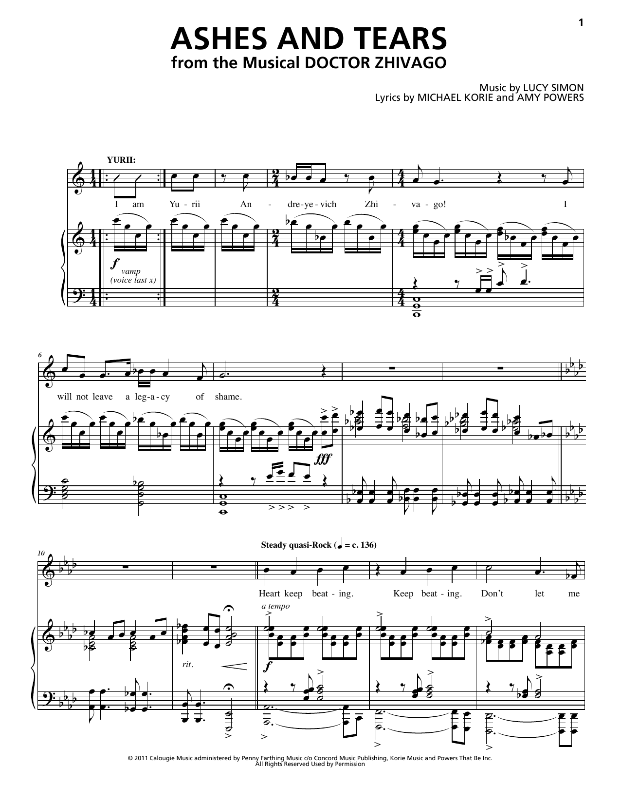 Lucy Simon, Michael Korie & Amy Powers Ashes And Tears sheet music notes and chords arranged for Piano & Vocal
