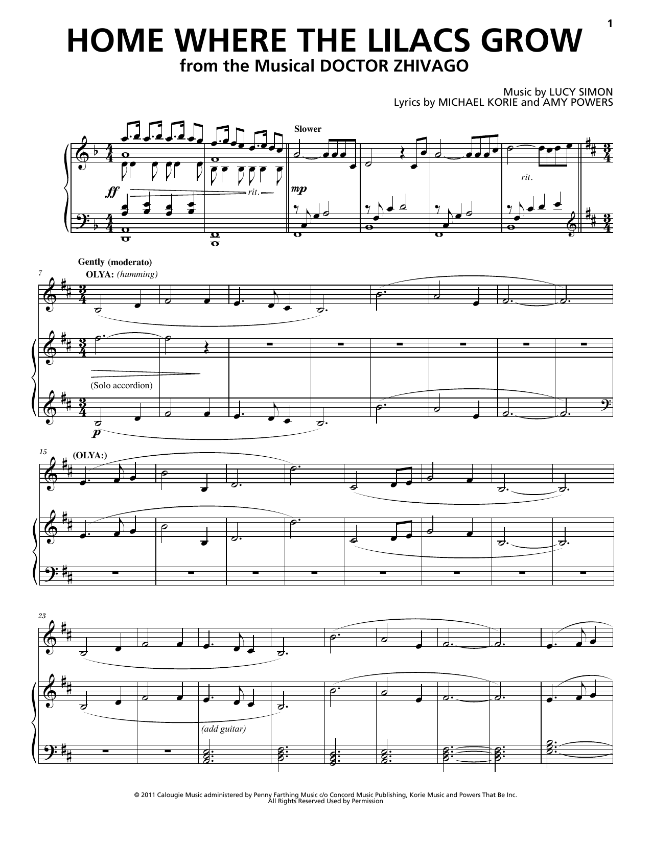 Lucy Simon, Michael Korie & Amy Powers Home Where The Lilacs Grow sheet music notes and chords arranged for Piano & Vocal