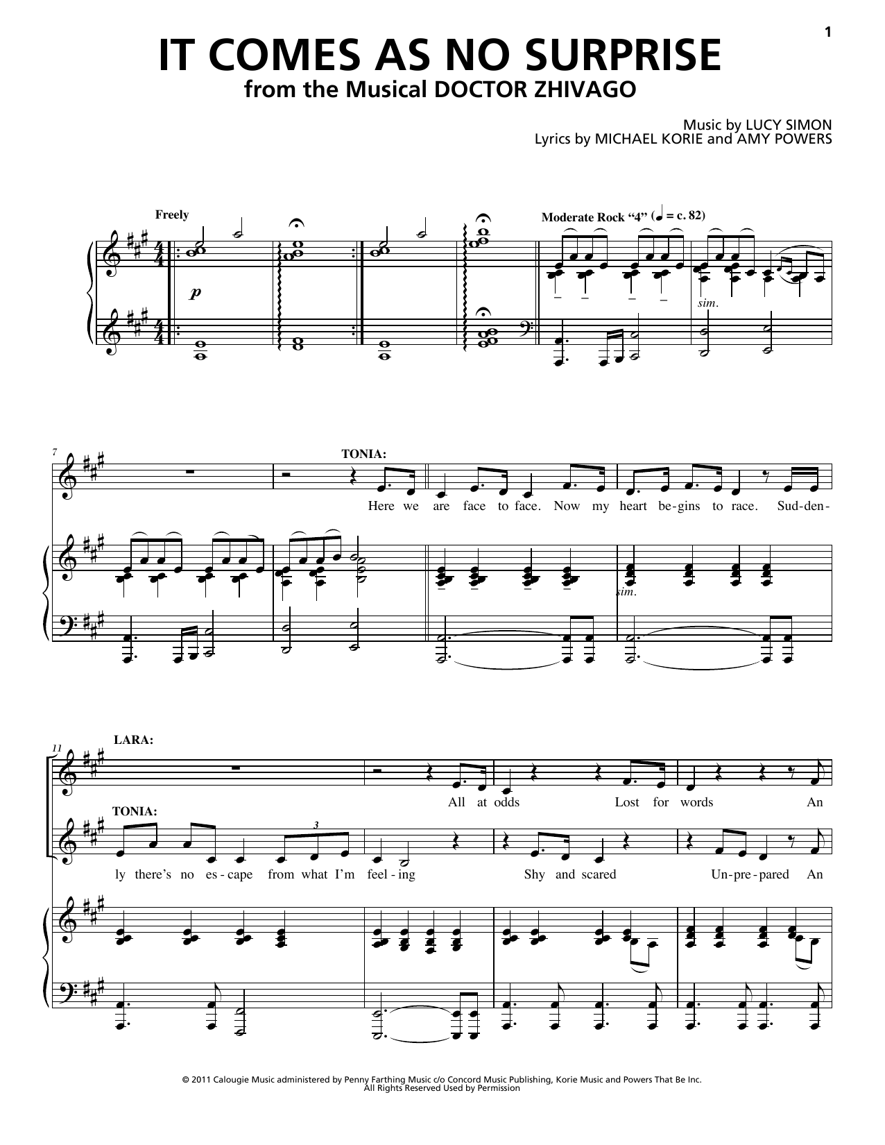 Lucy Simon, Michael Korie & Amy Powers It Comes As No Surprise sheet music notes and chords arranged for Piano & Vocal