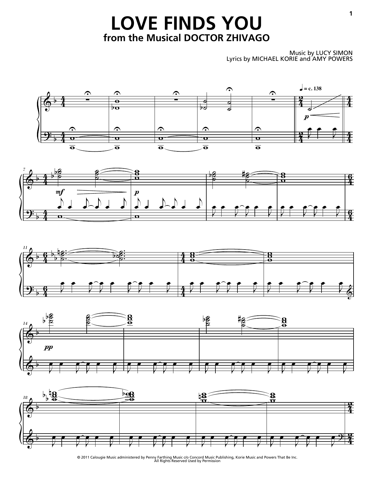 Lucy Simon, Michael Korie & Amy Powers Love Finds You sheet music notes and chords arranged for Piano & Vocal