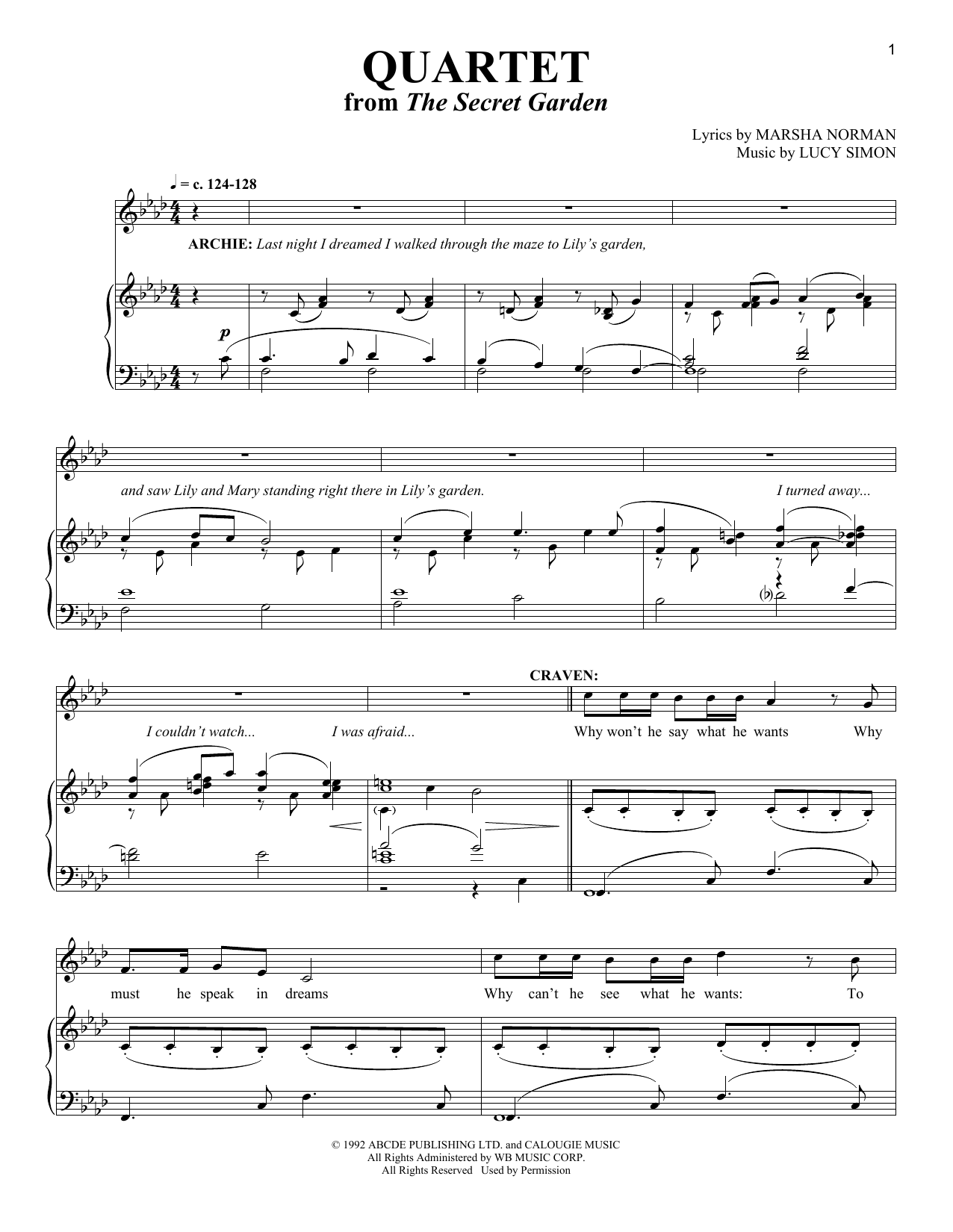 Lucy Simon Quartet sheet music notes and chords arranged for Piano & Vocal