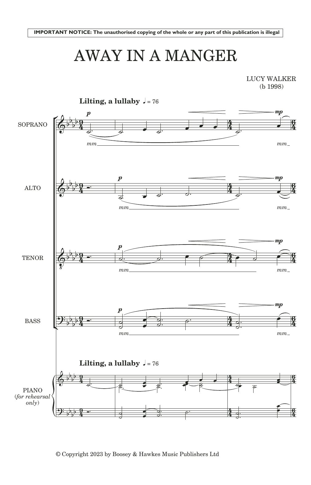 Lucy Walker Away In A Manger sheet music notes and chords arranged for Choir