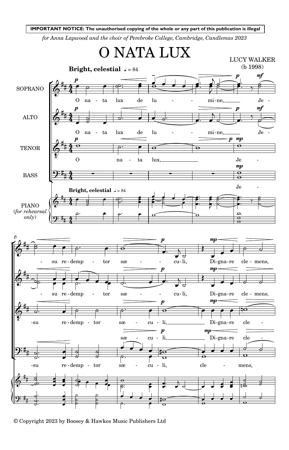 Lucy Walker O Nata Lux sheet music notes and chords arranged for Choir