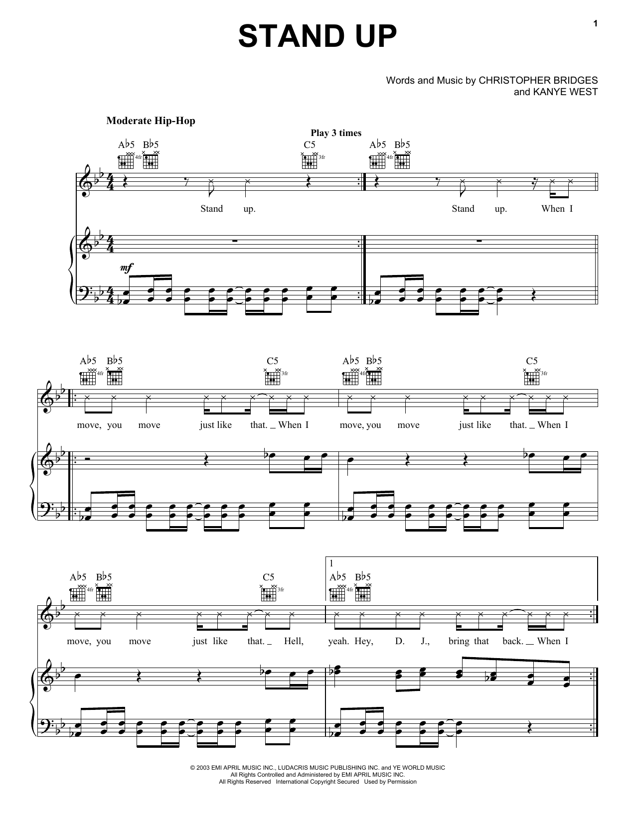 Ludacris Stand Up sheet music notes and chords arranged for Piano, Vocal & Guitar Chords (Right-Hand Melody)