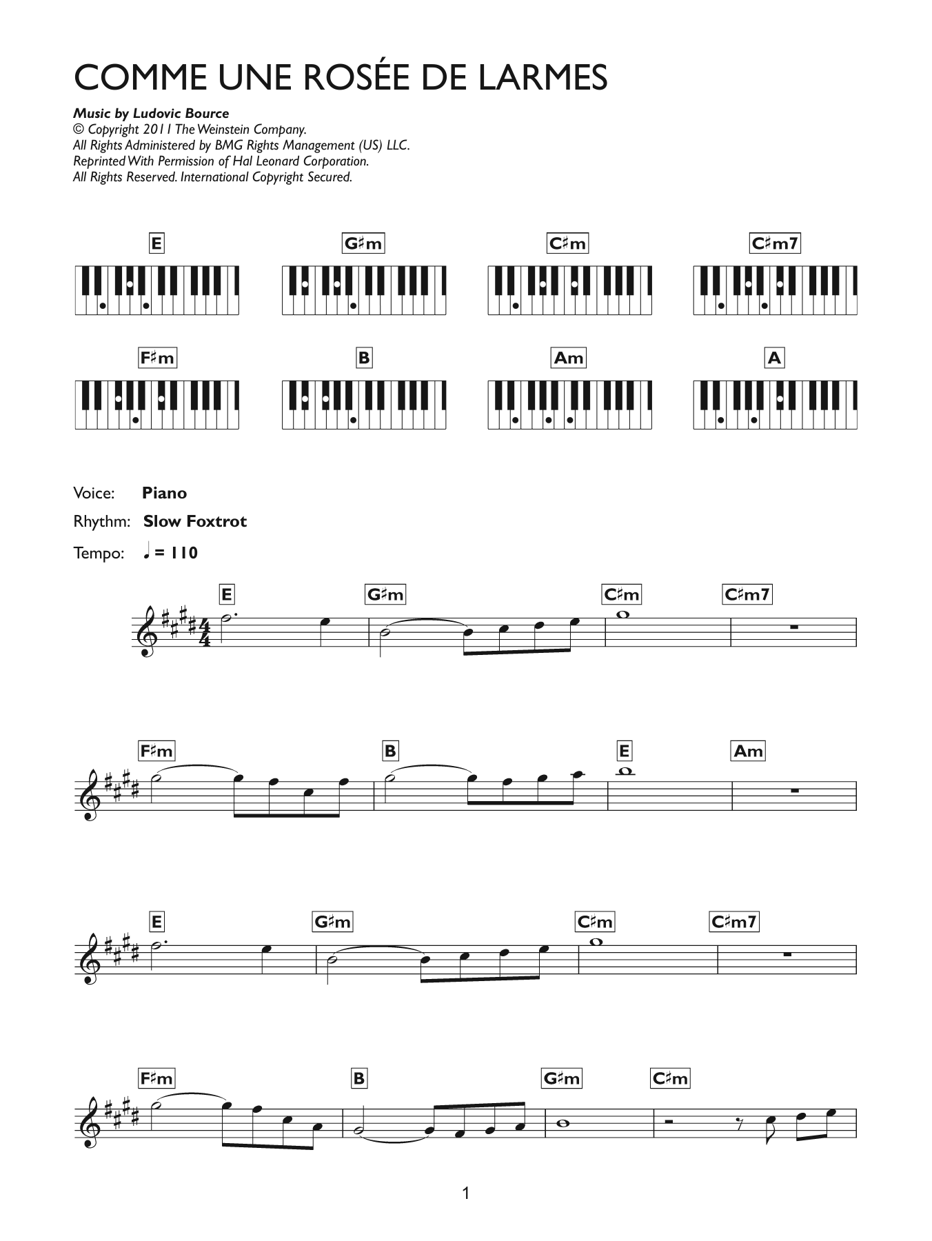 Ludovic Bource Comme Une Rosee De Larmes (from The Artist) sheet music notes and chords arranged for Piano Chords/Lyrics
