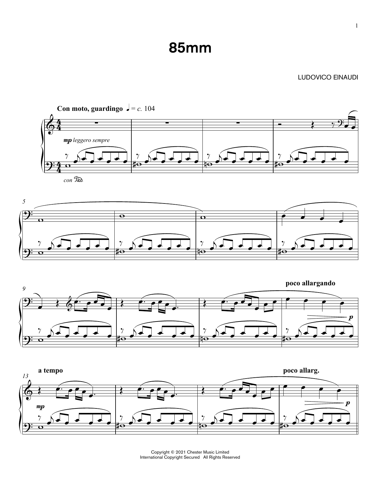 Ludovico Einaudi 85mm sheet music notes and chords arranged for Piano Solo