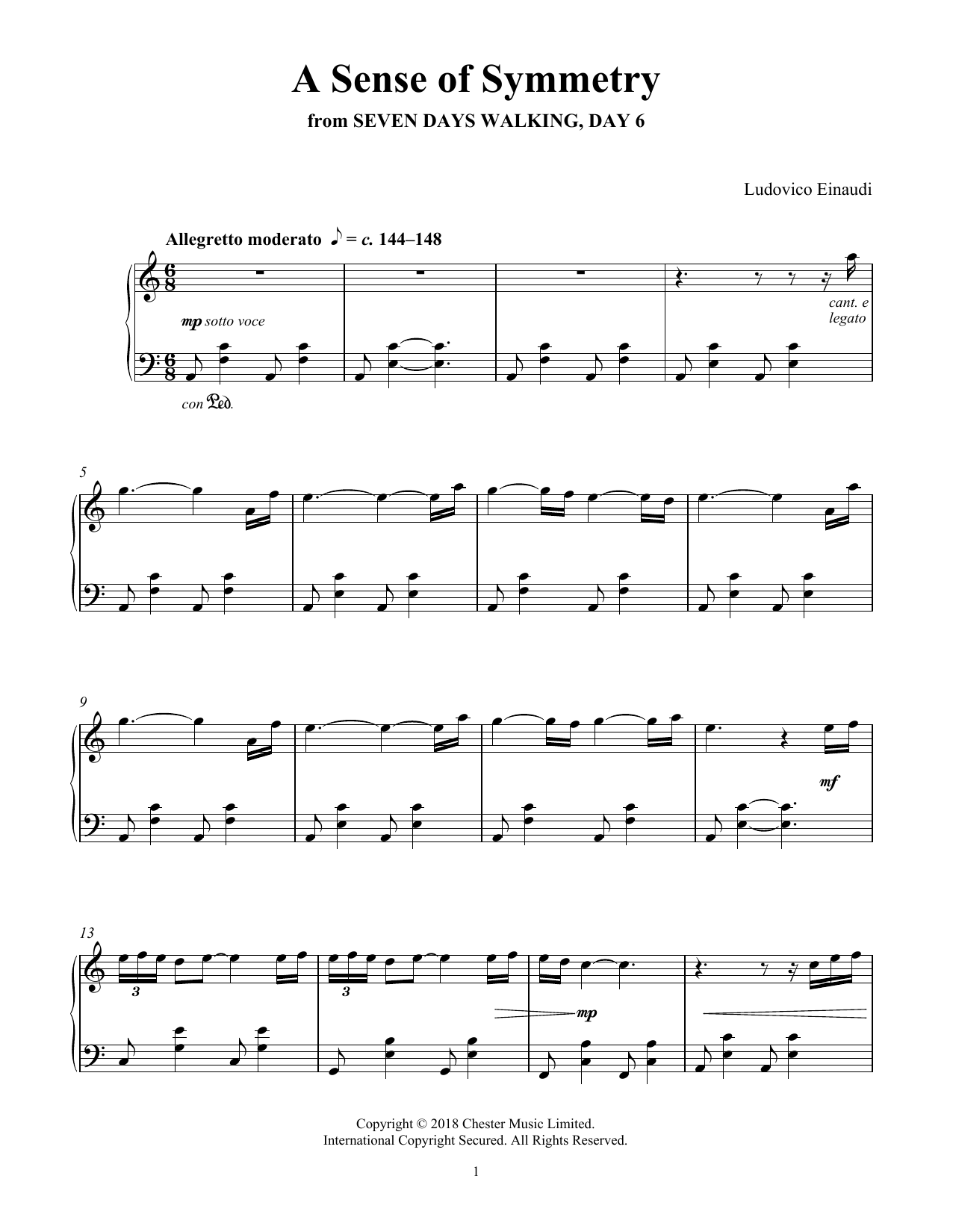 Ludovico Einaudi A Sense Of Symmetry (from Seven Days Walking: Day 6) sheet music notes and chords arranged for Piano Solo