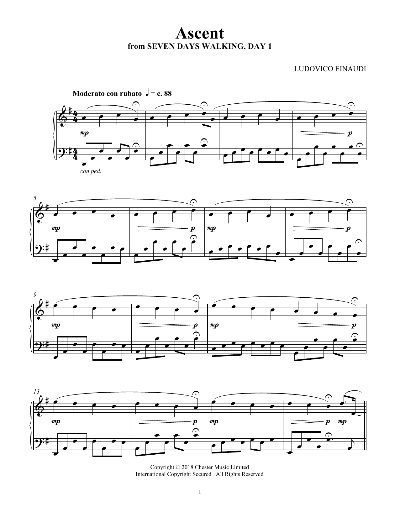 Ludovico Einaudi Ascent (from Seven Days Walking: Day 1) sheet music notes and chords arranged for Piano Solo