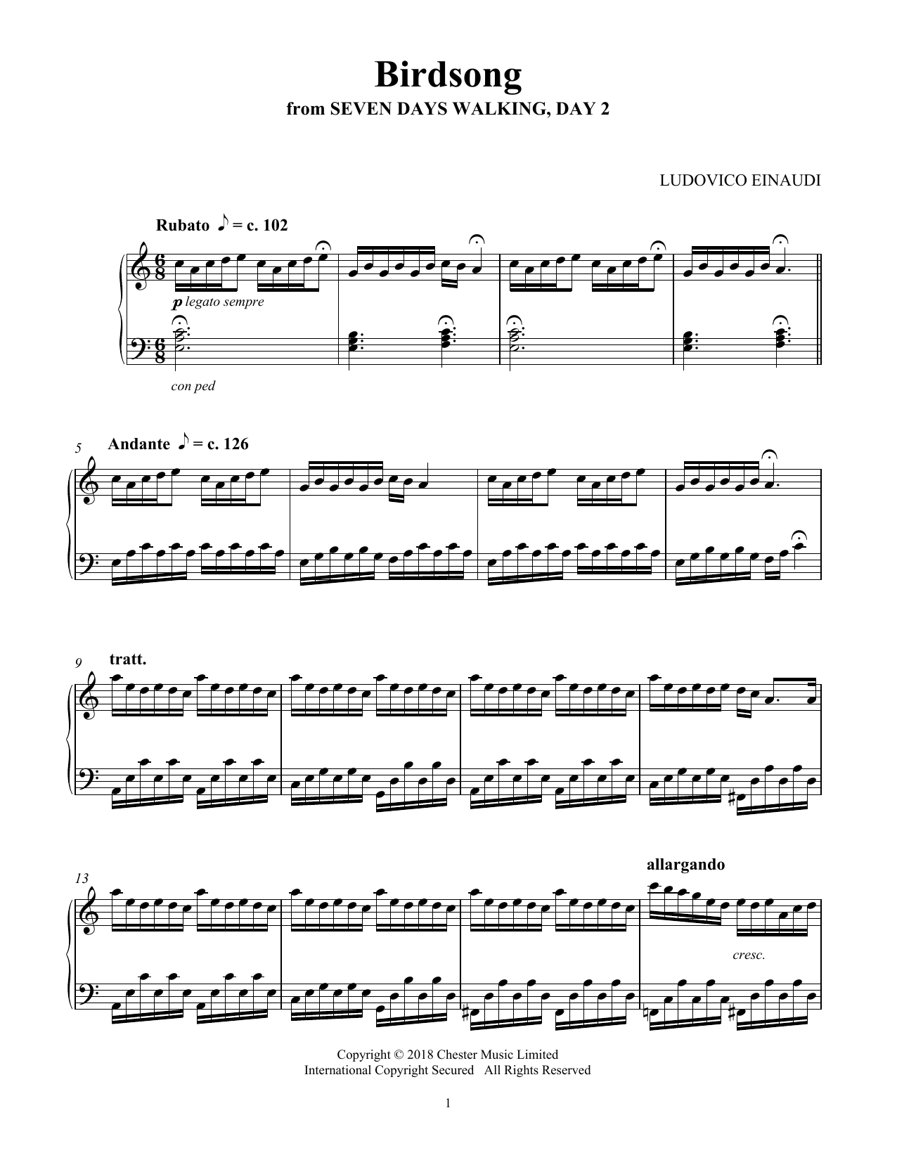 Ludovico Einaudi Birdsong (from Seven Days Walking: Day 2) sheet music notes and chords arranged for Piano Solo