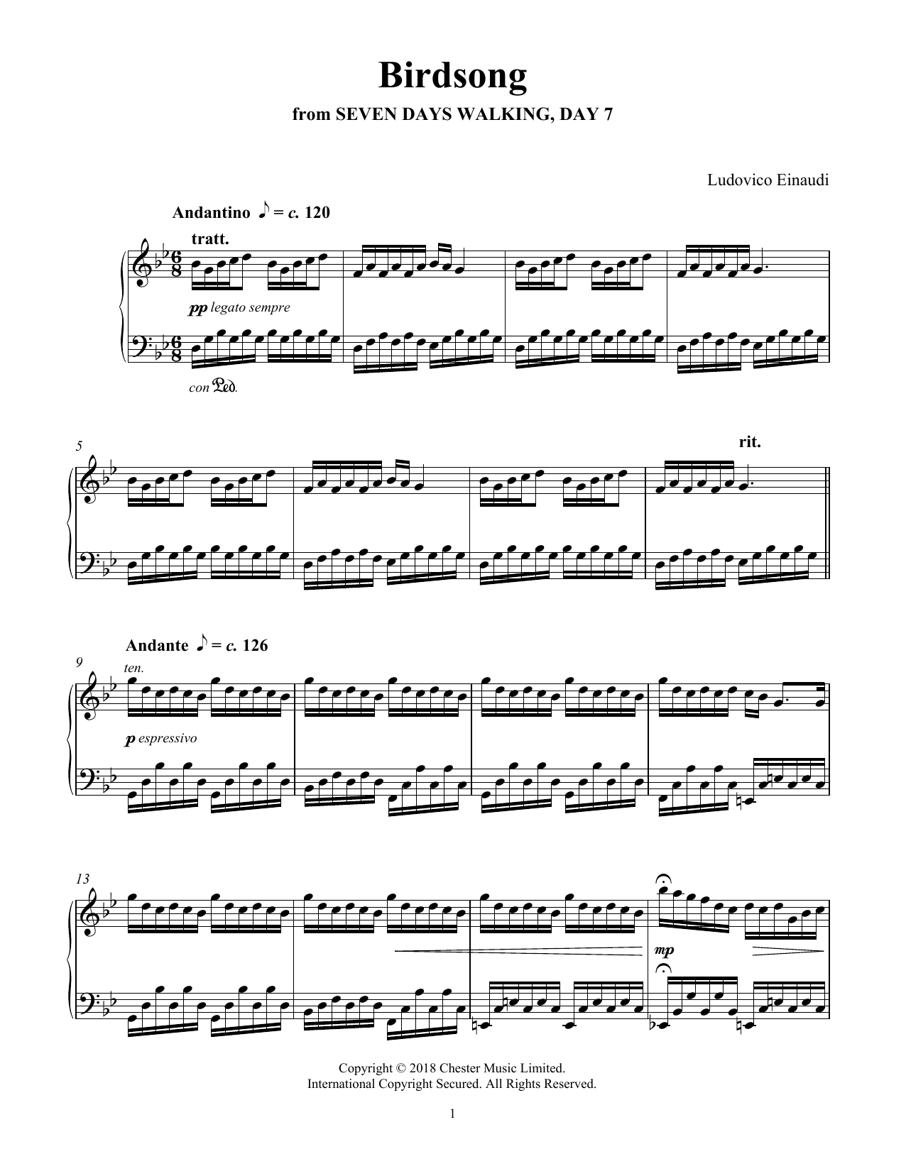 Ludovico Einaudi Birdsong (from Seven Days Walking: Day 7) sheet music notes and chords arranged for Piano Solo