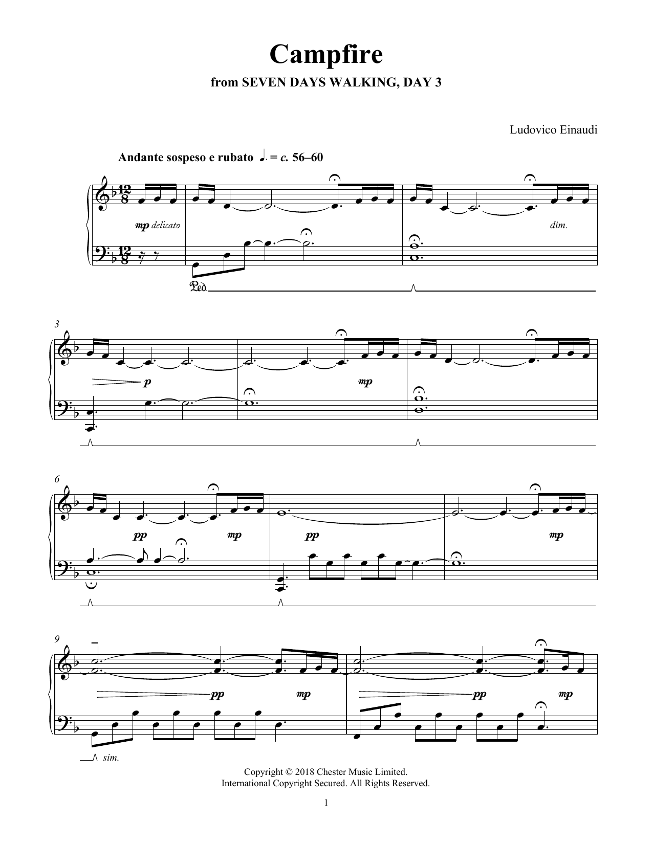 Ludovico Einaudi Campfire (from Seven Days Walking: Day 3) sheet music notes and chords arranged for Piano Solo