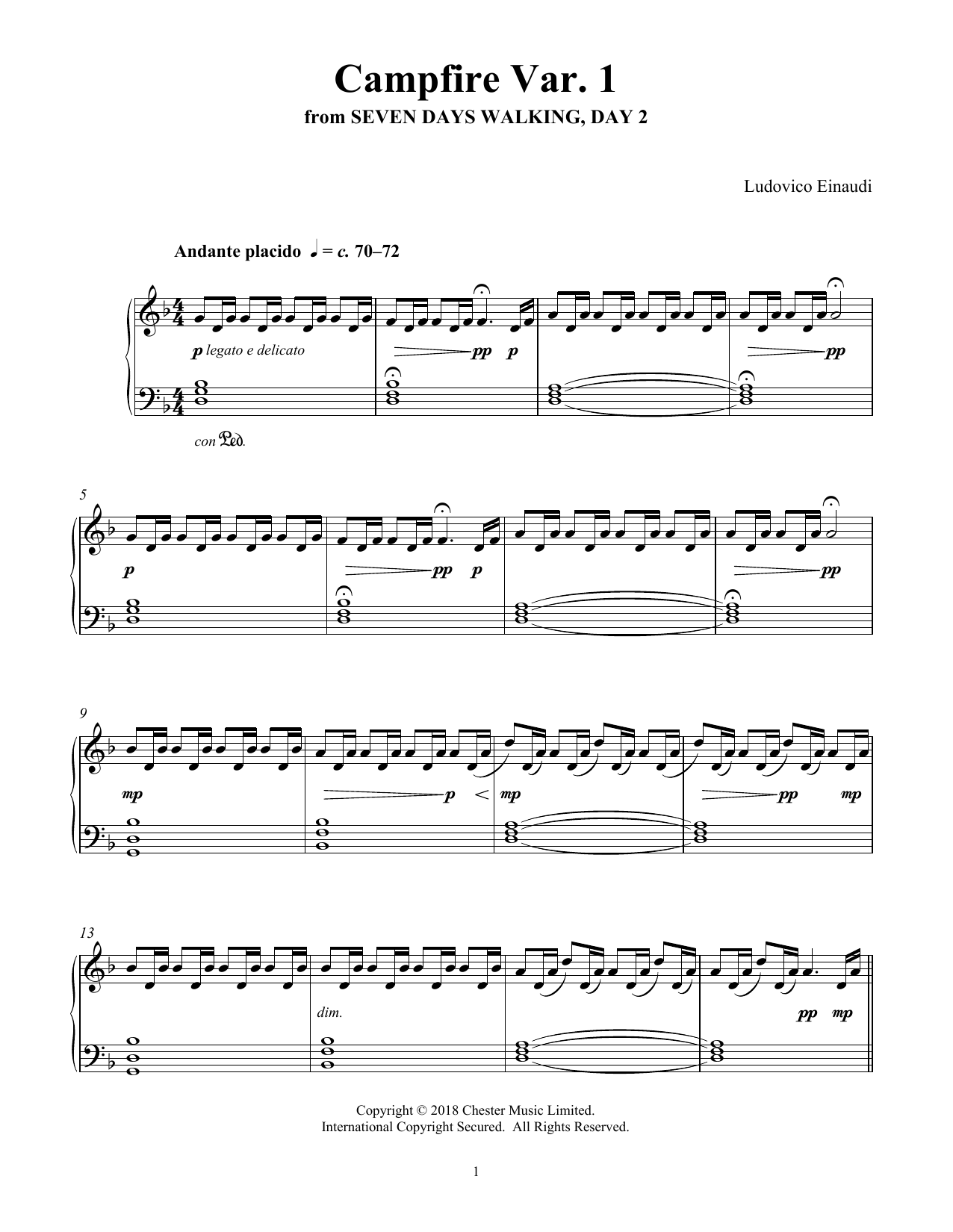 Ludovico Einaudi Campfire Var. 1 (from Seven Days Walking: Day 2) sheet music notes and chords arranged for Piano Solo