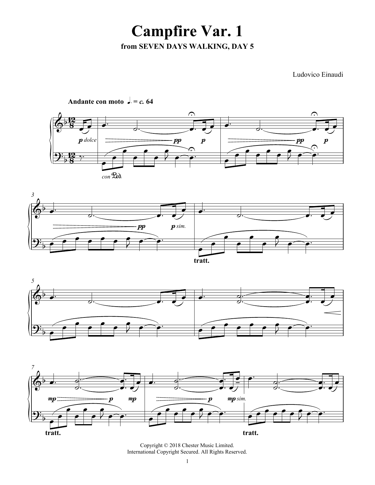 Ludovico Einaudi Campfire Var. 1 (from Seven Days Walking: Day 5) sheet music notes and chords arranged for Piano Solo