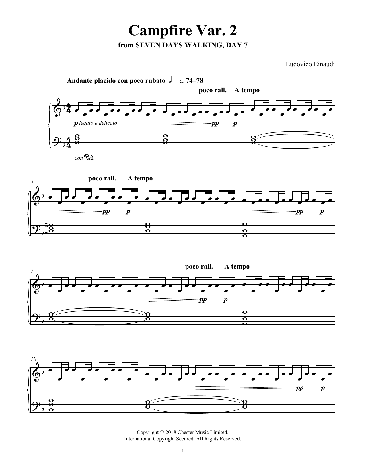 Ludovico Einaudi Campfire Var. 2 (from Seven Days Walking: Day 7) sheet music notes and chords arranged for Piano Solo