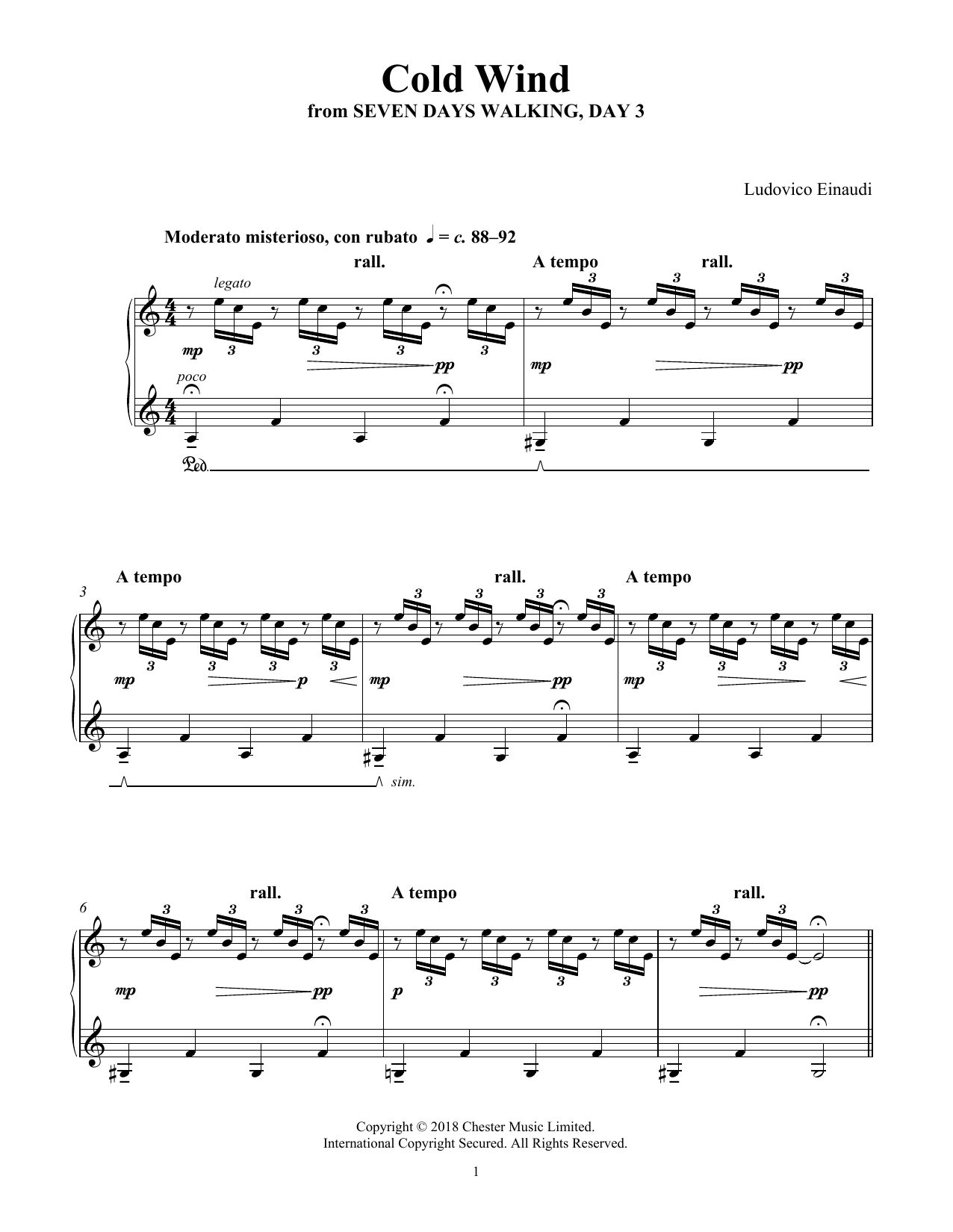 Ludovico Einaudi Cold Wind (from Seven Days Walking: Day 3) sheet music notes and chords arranged for Piano Solo