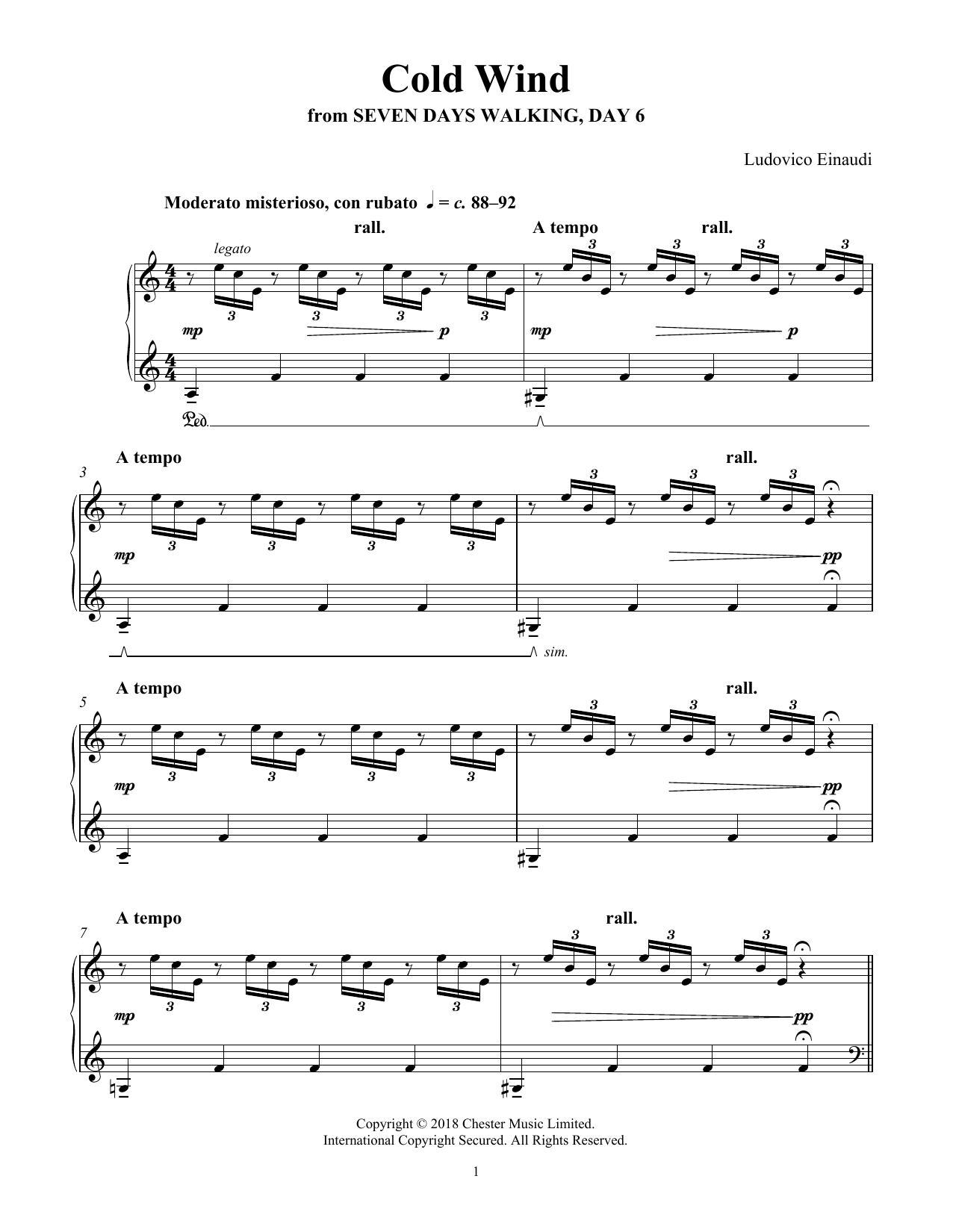 Ludovico Einaudi Cold Wind (from Seven Days Walking: Day 6) sheet music notes and chords arranged for Piano Solo