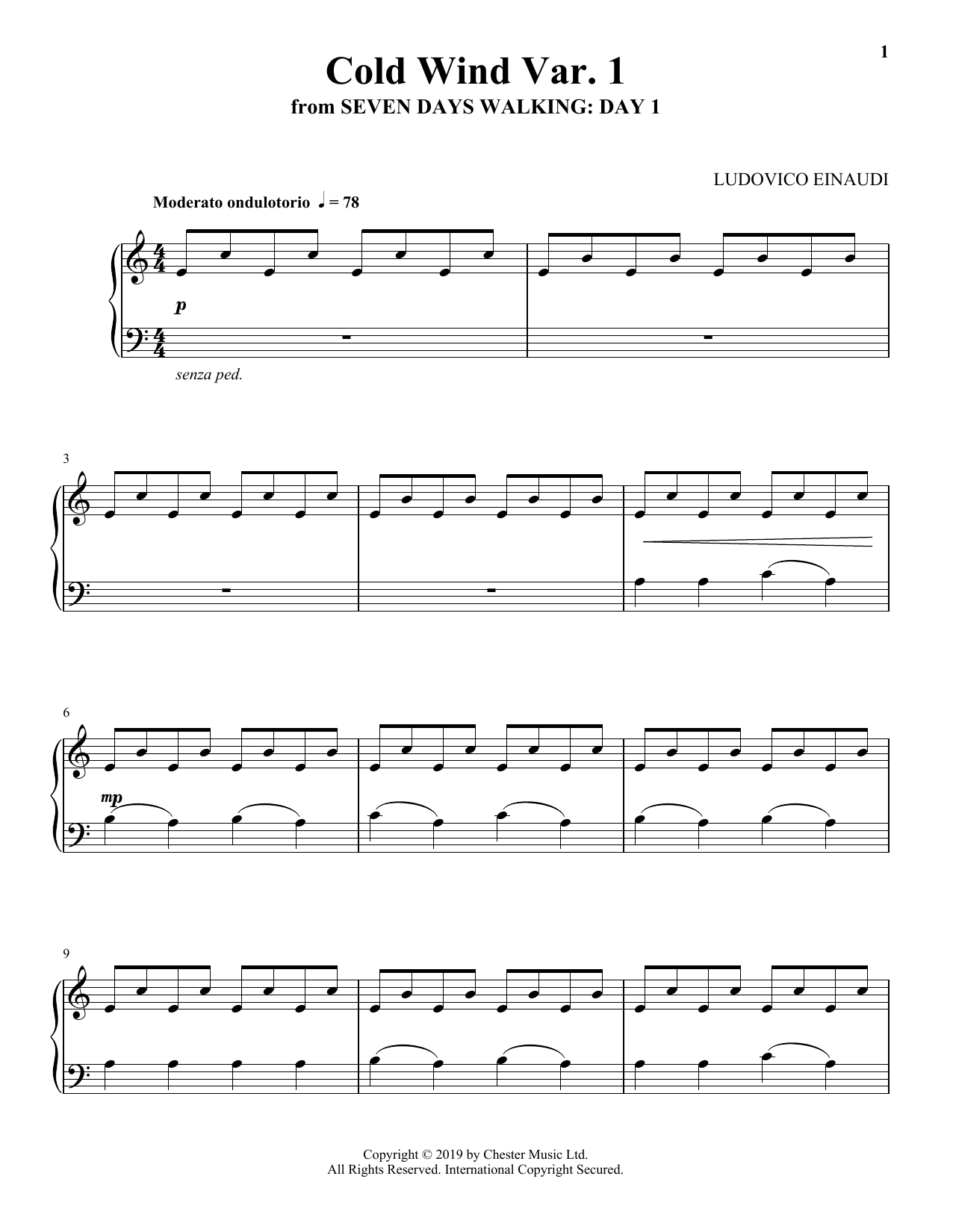 Ludovico Einaudi Cold Wind Var. 1 (from Seven Days Walking: Day 1) sheet music notes and chords arranged for Piano Solo