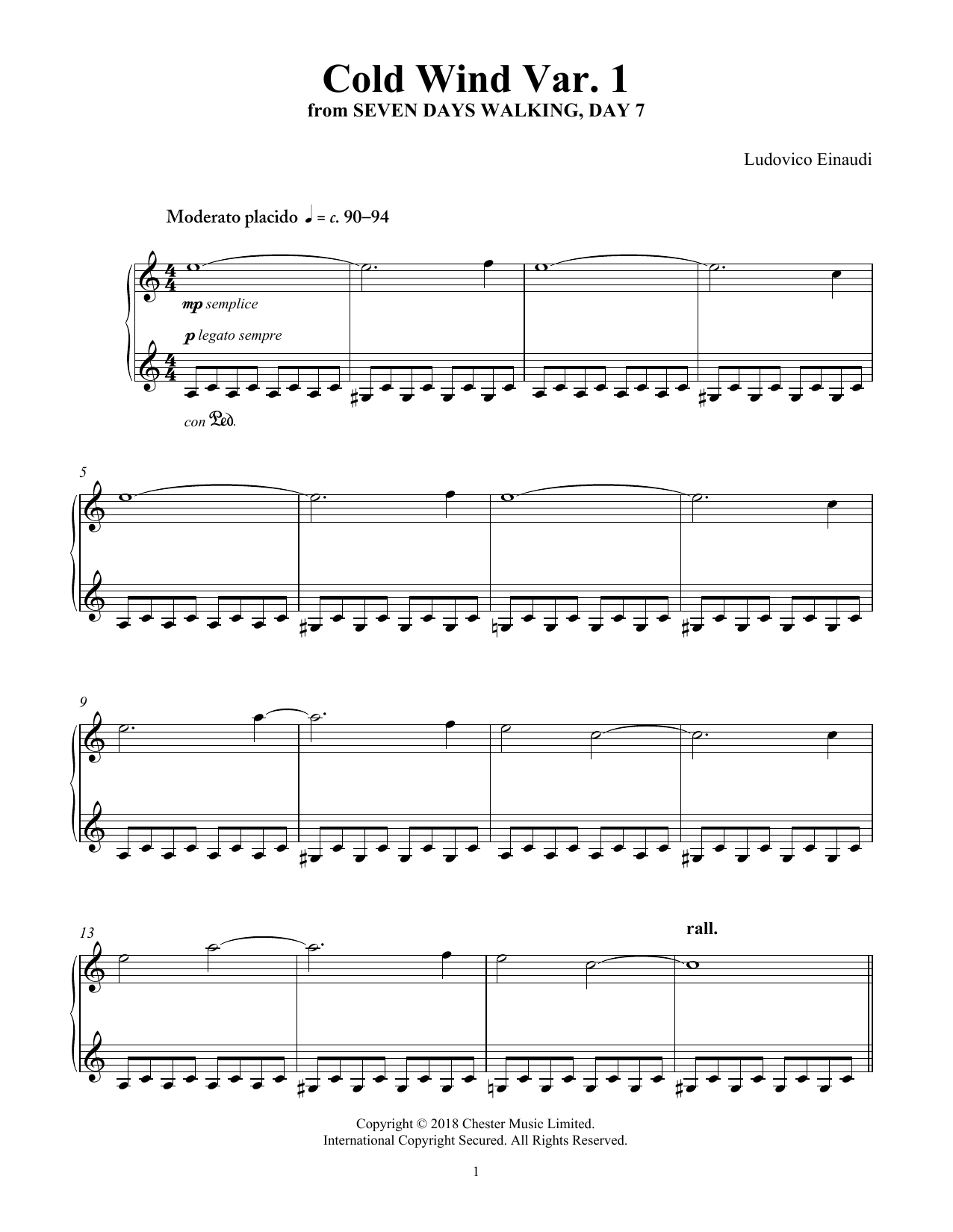 Ludovico Einaudi Cold Wind Var. 1 (from Seven Days Walking: Day 7) sheet music notes and chords arranged for Piano Solo