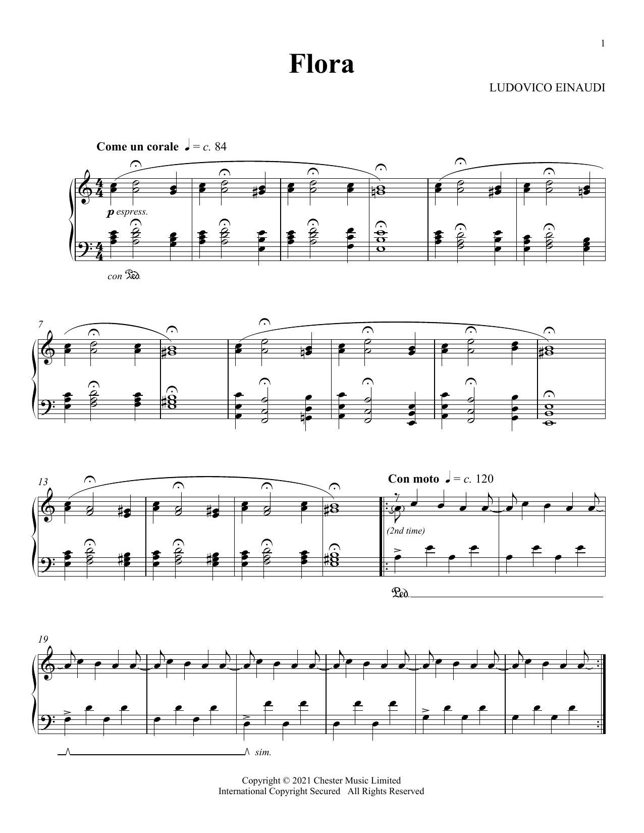 Ludovico Einaudi Flora sheet music notes and chords arranged for Piano Solo