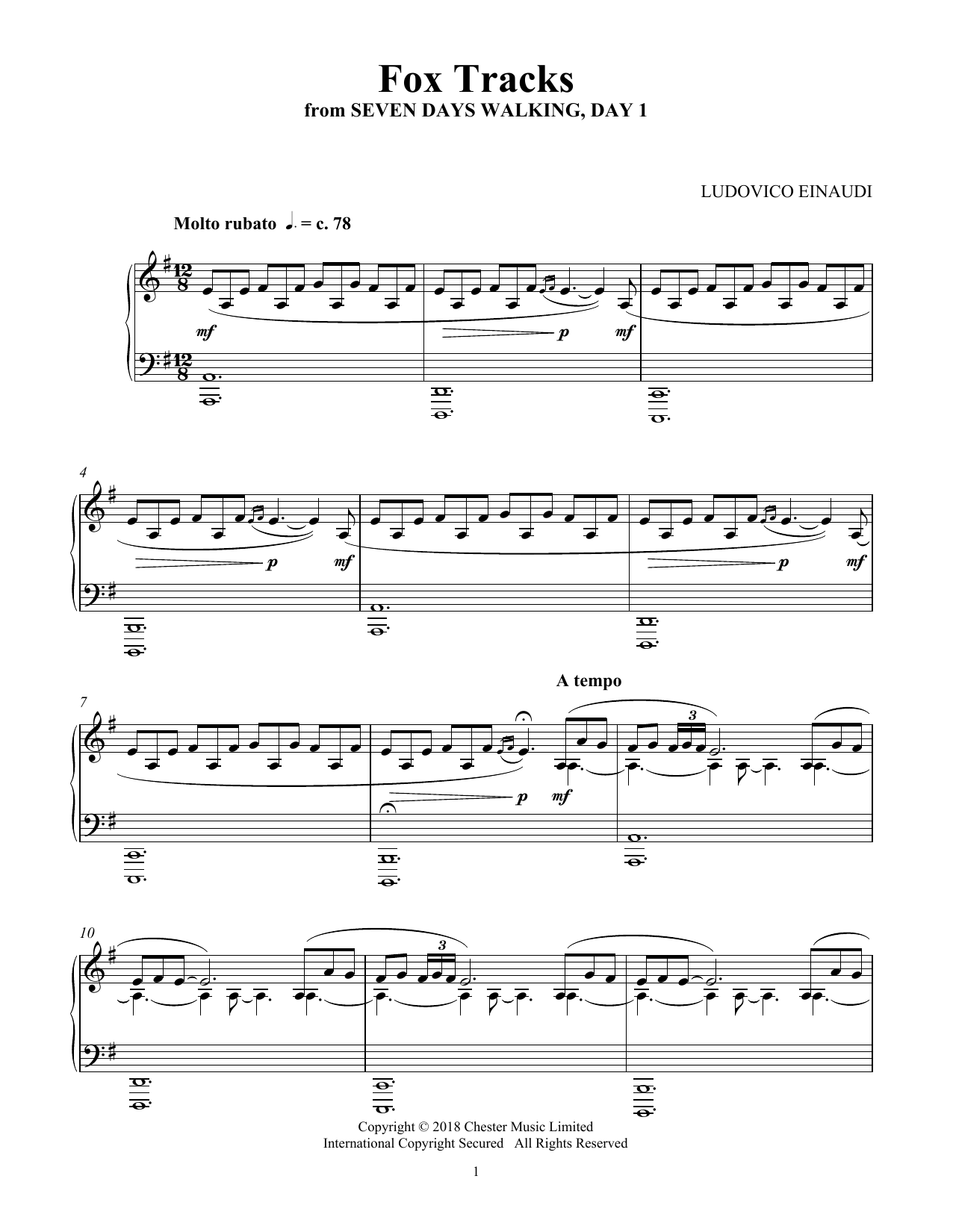 Ludovico Einaudi Fox Tracks (from Seven Days Walking: Day 1) sheet music notes and chords arranged for Piano Solo