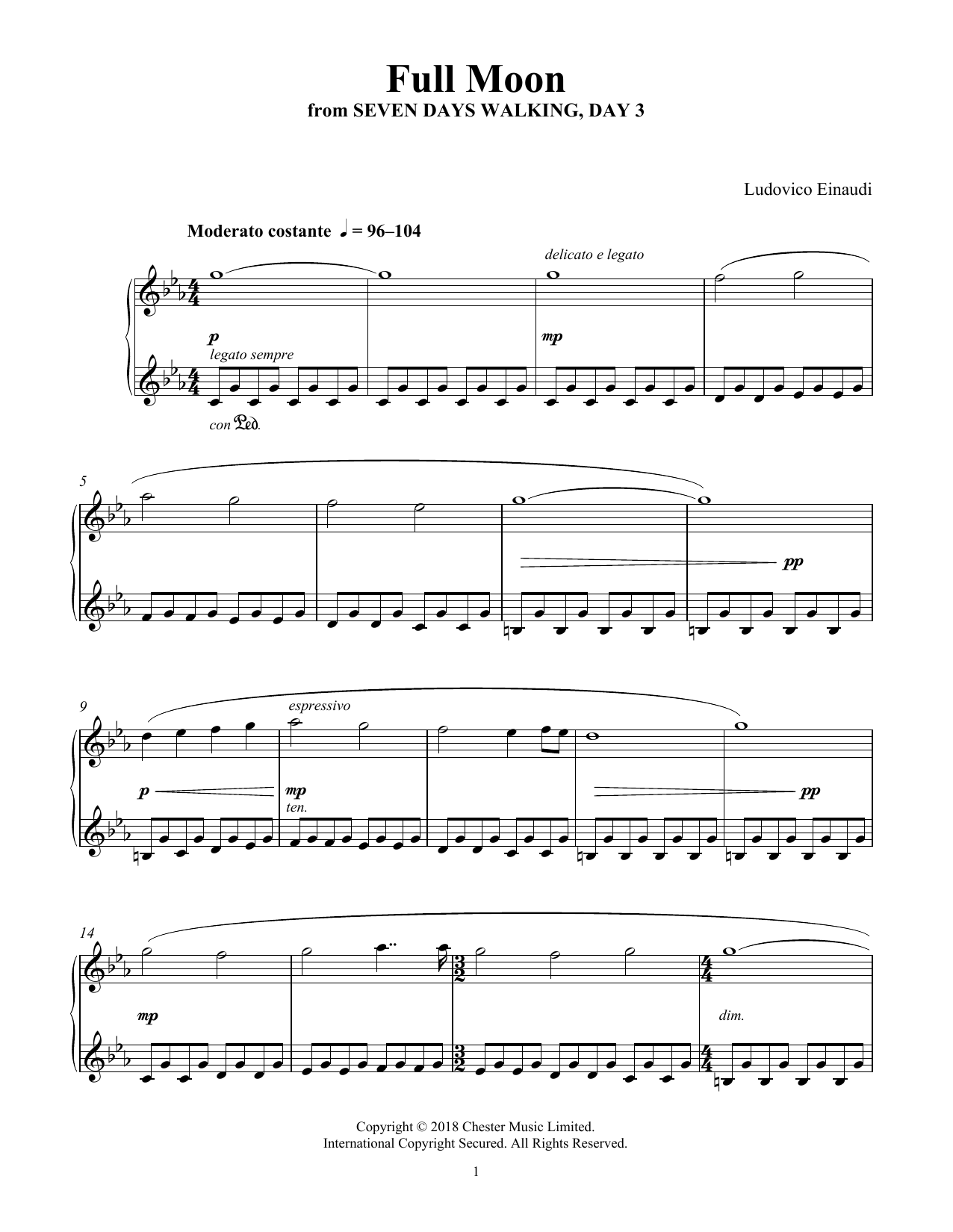 Ludovico Einaudi Full Moon (from Seven Days Walking: Day 3) sheet music notes and chords arranged for Piano Solo